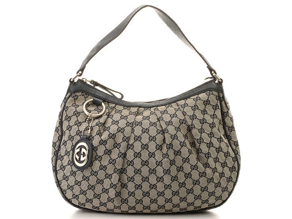Gucci Hobo Bag GG Canvas Calfskin Beige Cream Navy Blue